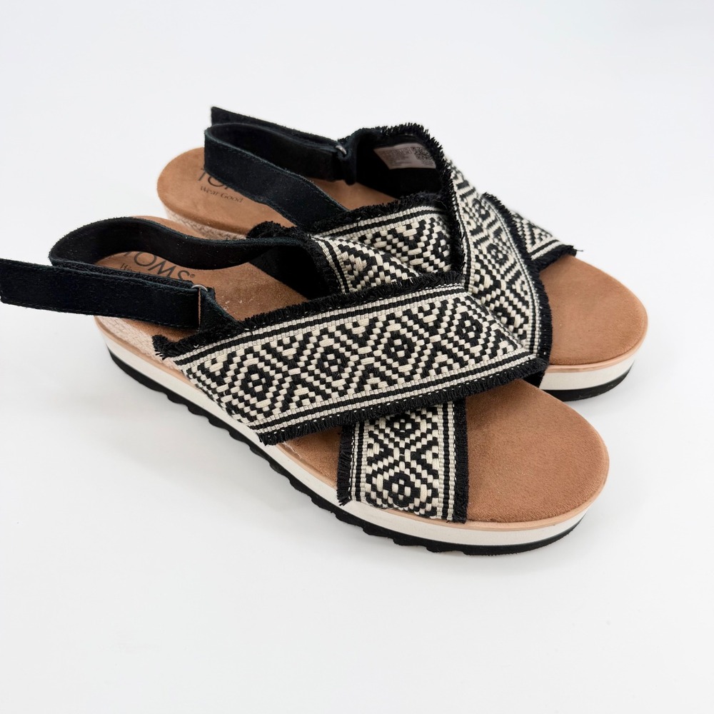 TOMS Monica Black White Geometric Woven Espadrille Platform Wedge Sandals 11